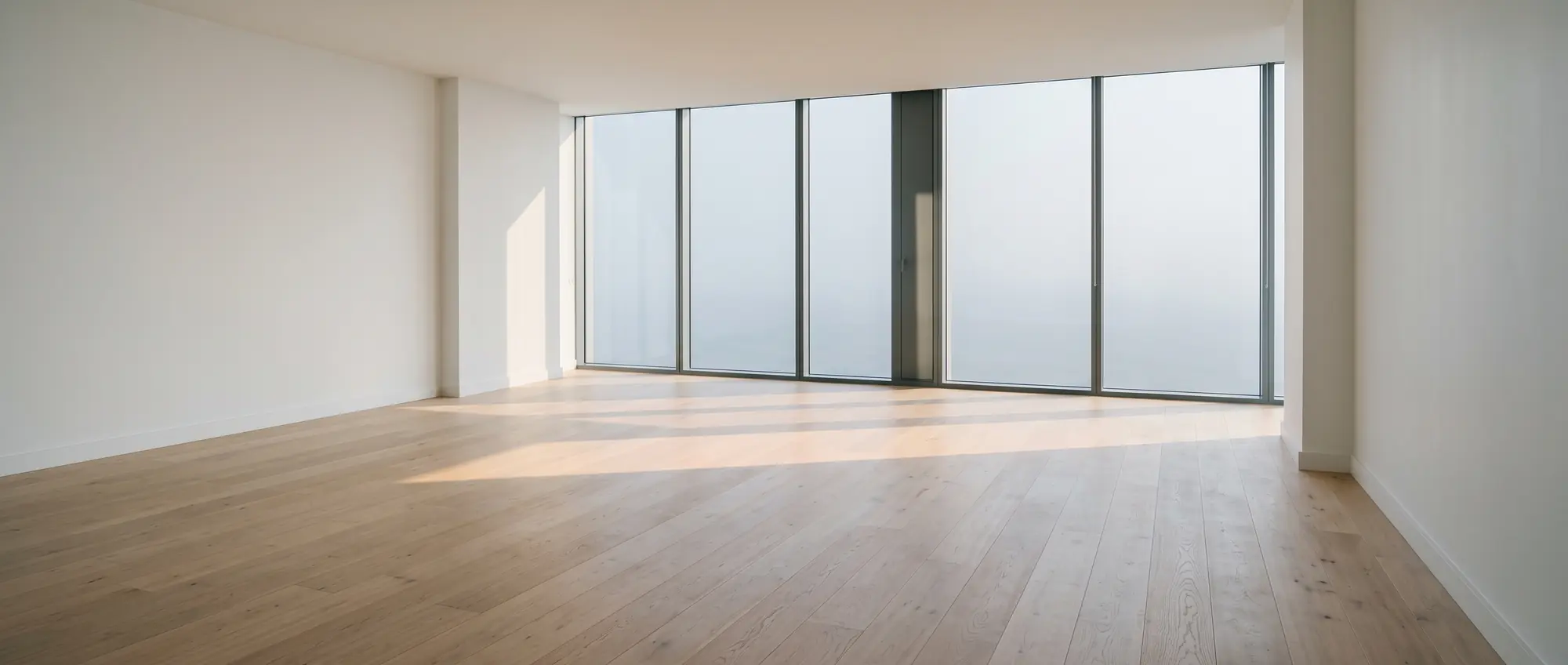 An empty apartment on a high floor, afternoon light across bare boards.